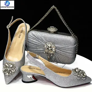 High Quality Bridal Wedding ltaly Shoes Bag Set With Stones Beautiful Women Shoes Matching Bag Set