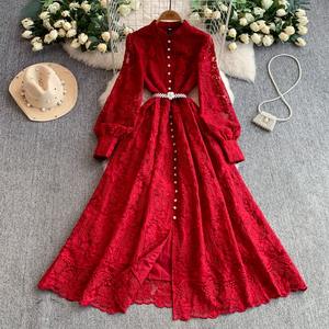 Abiti francesi mondani stile retrò pizzo ricamato abito <span class=keywords><strong>donna</strong></span> autunno perla con fibbia vita stringe Vestidos sottili - Product Image 1