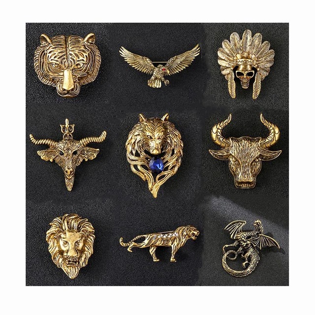 Vintage Mens Garment Ornament Designer Suit Corsage Pin Gold Silver Wolf lion tiger Cow tiger Eagle Head Animal Lapel Pin Brooch