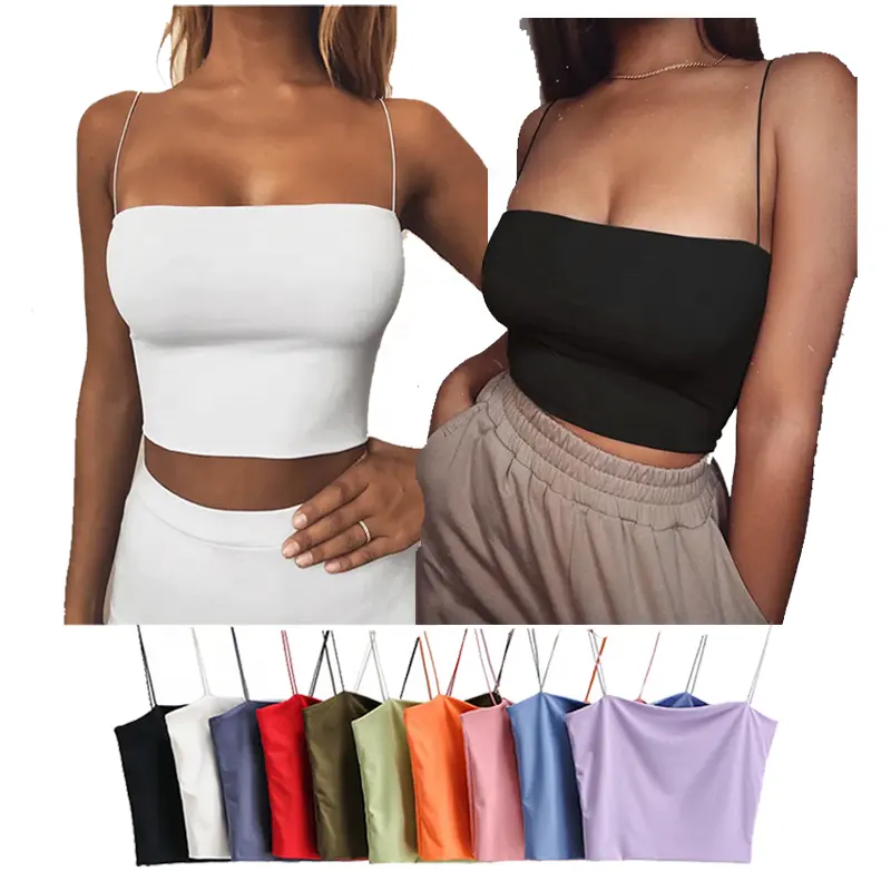 Women's Summer Bar Crop Top Sexy Elastic Cotton Camis Sleeveless Spaghetti Strap Double Layer Tank Top