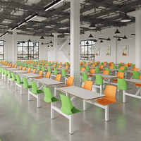 Ensemble table et chaises de cantine scolaire intégrées 4 places, mobilier de cafétéria avec sièges fixes