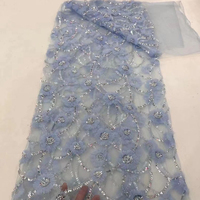 Tissu en dentelle perlée à prix raisonnable, design bleu, broderie 3D, tissu en dentelle à fleurs
