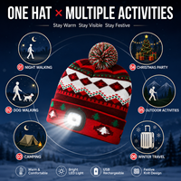Bonnet de Noël LED pour adulte, tricoté avec pompon, rechargeable par USB, chaud, en acrylique, pour l'hiver, les fêtes et l'extérieur