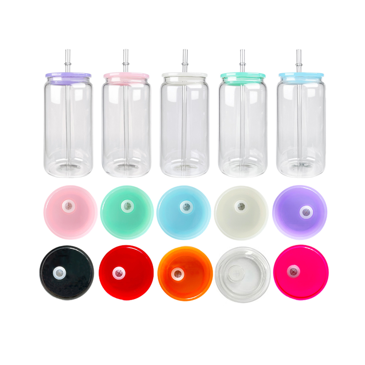 wholesale colorful plastic lids for beer shaped 16oz 20oz glass cans and 12oz 15oz double wall can glass jar with straw hole