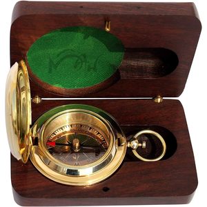 Boussole de poche en laiton à cadran analogique, outil de navigation portable pour la randonnée, guide de direction avec boîte en bois - Product Image 1