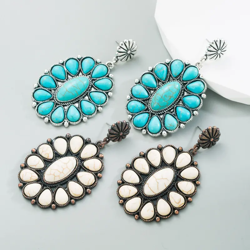 2024 Bohemian Western Vintage Big Drop Earrings Flower Shape Turquoise Earrings for Gift