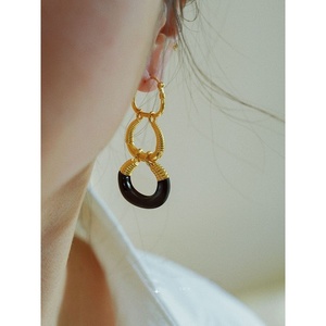 Conjunto de Joyería para Mujer de Ágata Negra del Antiguo <span class=keywords><strong>Egipto</strong></span>, Chapado en Oro de 18K, Pendientes Colgantes de Aro Triple y Gargantilla de Calabaza - Product Image 3