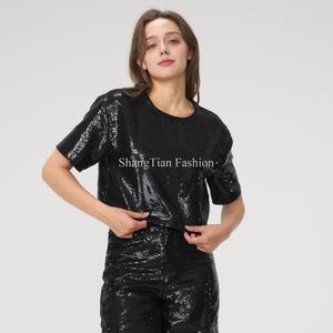 Pantalon large à sequins taille haute de qualité supérieure pour femme, noir, entièrement à sequins, coupe ample - Product Image 5