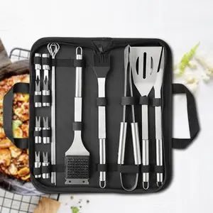 Pique-nique 20 pièces ensemble d'outils en acier inoxydable Barbecue accessoires Kit Portable cuisine en plein air Camp gril fourchette pinces BBQ viande brochette