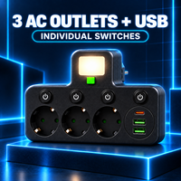Adaptateur secteur multi-prises standard européen avec chargement USB, interrupteurs marche/arrêt individuels, courant nominal 10A, sans câble