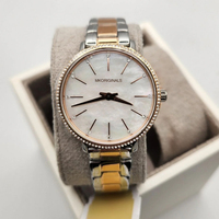 Montre chronographe pour femme en quartz argent et or rose 32 mm 18 mm, affichage à double aiguille, index en forme de barre, boîtier et bracelet en acier inoxydable