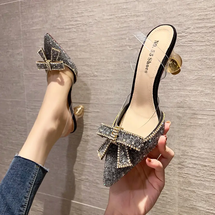 2023 Pointed Bow Ladies High Heels Rhinestone Sandals Hollow Word Transparent Belt Women High Heel Slipper Shoes