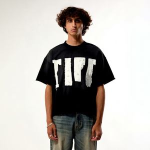 Black Regular Fit Men's T-Shirt White Letter Distressed Embroidery Sun Faded Short Sleeve <b>Turtleneck</b> Street Style 100% Cotton - Product Image 1