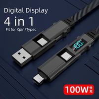 Câble de charge rapide 4-en-1 3A 100W pour téléphones mobiles - Double Type C Nylon plat tressé Affichage LED PD-1M & 2M