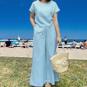 Conjunto de Dos Piezas para Mujer, Color Azul Claro, Spandex/Poliéster, Camiseta sin Mangas, Pantalones Anchos con Aberturas, Estilo Casual Holgado, Primavera/Verano - Product Image 3