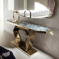 Table console moderne en marbre avec base en métal doré, table d'appoint étroite pour entrée, couloir, canapé, appartement, loft, bureau