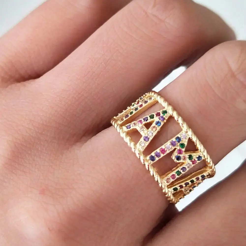 New arrived gold plated colorful cz paved mama rings unique design rainbow stone paved ring for mother's day jewelry gift