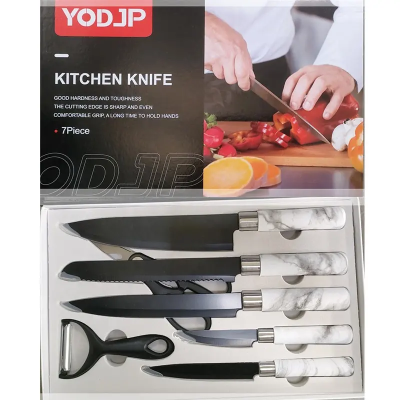 Populaire En Gros 7 Pièces Couteaux De Cuisine Ensemble Avec PP Poignée Et Boîte Cadeau Éplucheur Ciseaux Couteau De Chef Pour La Cuisine