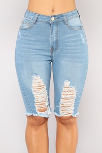Bleu clair Midi Denim Trou Déchiré Dames <span class=keywords><strong>Jean</strong></span> <span class=keywords><strong>Court</strong></span> <span class=keywords><strong>Short</strong></span> <span class=keywords><strong>En</strong></span> <span class=keywords><strong>Jean</strong></span> - Product Image 4
