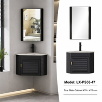 Mini meuble-lavabo mural d'angle noir pour petite salle de bain étroite, lavabo triangulaire en céramique avec miroir rectangulaire
