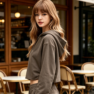OEM Sweat à capuche court pour femme, col en V, manches longues, ourlet brut, coupe oversize, décontracté - Product Image 2