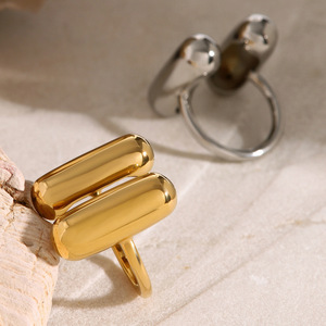 Double-Sided Capsule <b>Open</b> <b>Ring</b> Gold Plated Stainless Steel Geometric Shape Unisex Jewelry Gift - Product Image 2