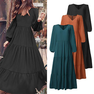 Nouvelle Robe Longue Décontractée pour Femme et Fille, Manches Longues, Couleur Unie, Col en V, Idéale pour l'Été, le Printemps, la Plage et les Vacances, Vente en Gros - Product Image 1
