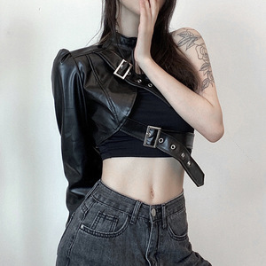 Chaqueta de cuero PU de un solo hombro para mujer, estilo Y2K europeo-americano, con hebilla metálica ajustable, abrigo de motociclista a la moda, venta al por mayor - Product Image 5