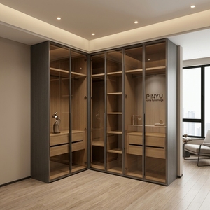 <span class=keywords><strong>Armadio</strong></span> Modulare in Composito di Vetro e Noce Scuro <span class=keywords><strong>con</strong></span> Retroilluminazione Integrata e Postazione di Lavoro Laterale per Camera da Letto - Product Image 6