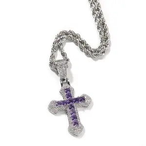 Hiphop Baguette CZ Carré Pierre Bleu Rouge Croix Pendentif Collier Bling Rappeur Collier Unisexe Bijoux