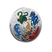Pièce commémorative en métal doré antique, gravée de quatre monstres mythiques chinois anciens et de trigrammes Yin Yang