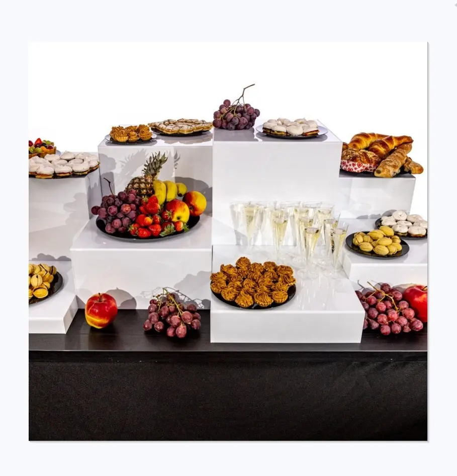 โต๊ะอะคริลิคสำหรับจัดเลี้ยงบุฟเฟ่ต์แบบกำหนดเองสำหรับแสดงอาหารอะคริลิคสีขาว