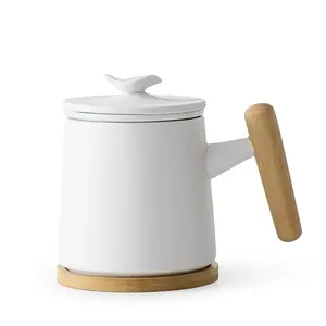 Biểu tượng tùy chỉnh văn phòng gốm Mug với nắp và trà bằng gỗ tách với Infuser