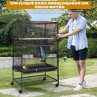 Cage à perroquets noire en fil métallique robuste avec roulettes, étagère de rangement, perchoirs en bois et espace intérieur spacieux pour plusieurs oiseaux de compagnie de taille moyenne