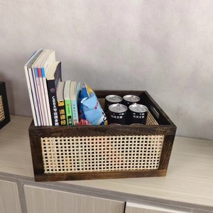 Retro Rattan Woven Solid Wood <b>Storage</b> <b>Basket</b> 35x25x16cm With Handle For Home Desktop Organizing - Product Image 4