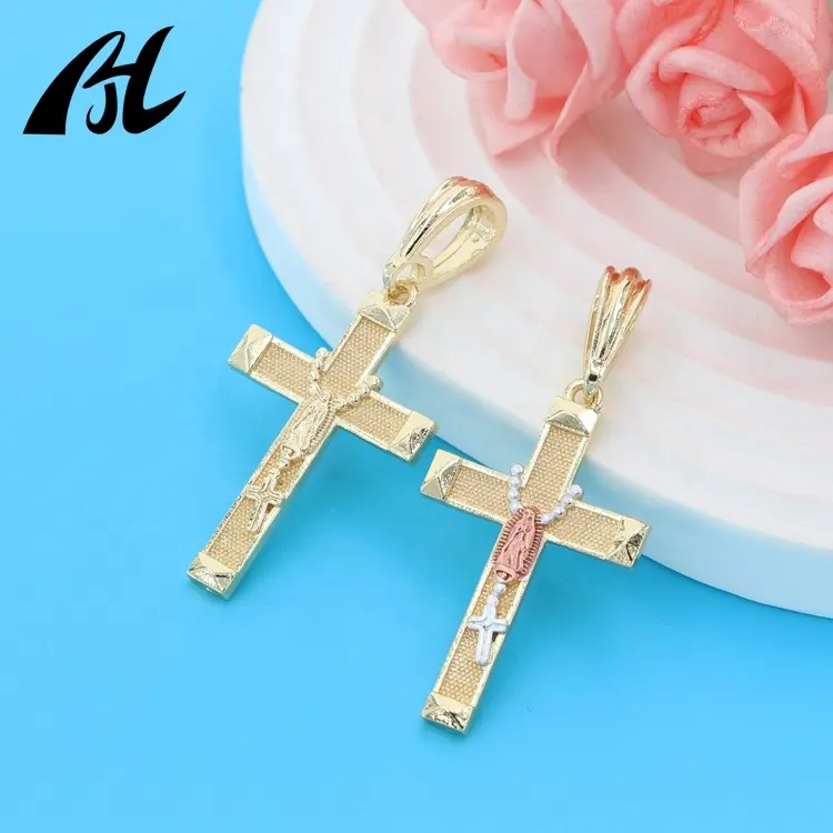 Laatste Charm Oro Laminado 14K Vergulde Sieraden Virgin Mary Rozenkrans Ketting Hanger Religieuze Jezus Christus Kruis Hanger