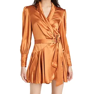 Robe en Satin de soie avec ceinture pour femme, vêtements féminins à manches longues, avec col en V, de haute qualité, la plus populaire,