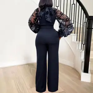 stand-up collar net yarn lantern sleeve slim plus size women's African wide-leg European and American jumpsuit with belt