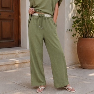 Pantalones de <span class=keywords><strong>Lino</strong></span> Personalizados al por Mayor con Etiqueta Privada OEM, Pantalones Anchos de <span class=keywords><strong>Lino</strong></span> y Algodón con Cordón para Mujer, Ropa de Verano para Vacaciones - Product Image 5