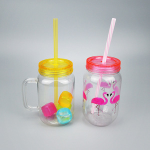Plastic <b>Mason</b> <b>Jar</b> 550ml <b>With</b> Handle And <b>Straw</b> For Beverage Packaging Party Use - Product Image 1
