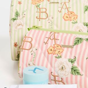 Pochette de maquillage pliable légère en nylon imperméable écologique à imprimé floral rayé matelassé personnalisé avec fermeture éclair grande taille - Product Image 3