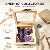 Ensemble de collection améthyste : Sculpture d'ange en résine, grappes d'améthyste naturelle, boîte à souvenirs en bois avec couvercle en verre, décoration de bureau, cadeau spirituel