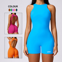Ensemble de sport une pièce sans dos avec logo personnalisé, hauts de fitness, justaucorps sans manches, shorts d'entraînement, combinaisons de yoga pour femmes