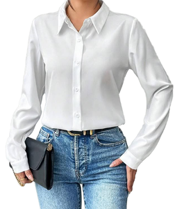 Chemisiers classiques sexy pour femmes, en polyester tissé, simples, à manches longues, boutonnés, à col, chemises de bureau - Product Image 1