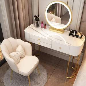 Modern Makeup Vanity Desk With Led Mirror <b>Gold</b> Legs Gray Fabric Chair For Bedroom <b>Dressing</b> <b>Table</b> - Product Image 4
