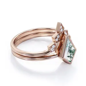 Conjunto de anillos de compromiso de moissanita, Ágata verde musgo en forma de cometa de oro rosa de 14K