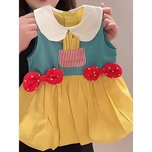 Girls Sleeveless Dress With Peter Pan Collar And Bowknots Yellow Blue Red Polka Dot Design For Summer Wear - Product Image 2