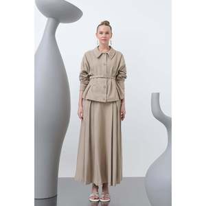 Puane Women's Elegant Belted Skirt Set with <b>Flowy</b> Fabric Plain Dyed Button Detail for Office & Special Occasions Mink Color - Product Image 3