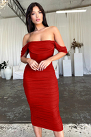 Nueva llegada sin tirantes fuera del hombro de manga corta fruncido Bodycon elegante vestido de cena para las mujeres