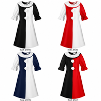 Vestido para Mujer, Color Negro y Blanco, Cuello con Volantes, Manga Abullonada con Pompones, Disfraz de Halloween para Fiesta
